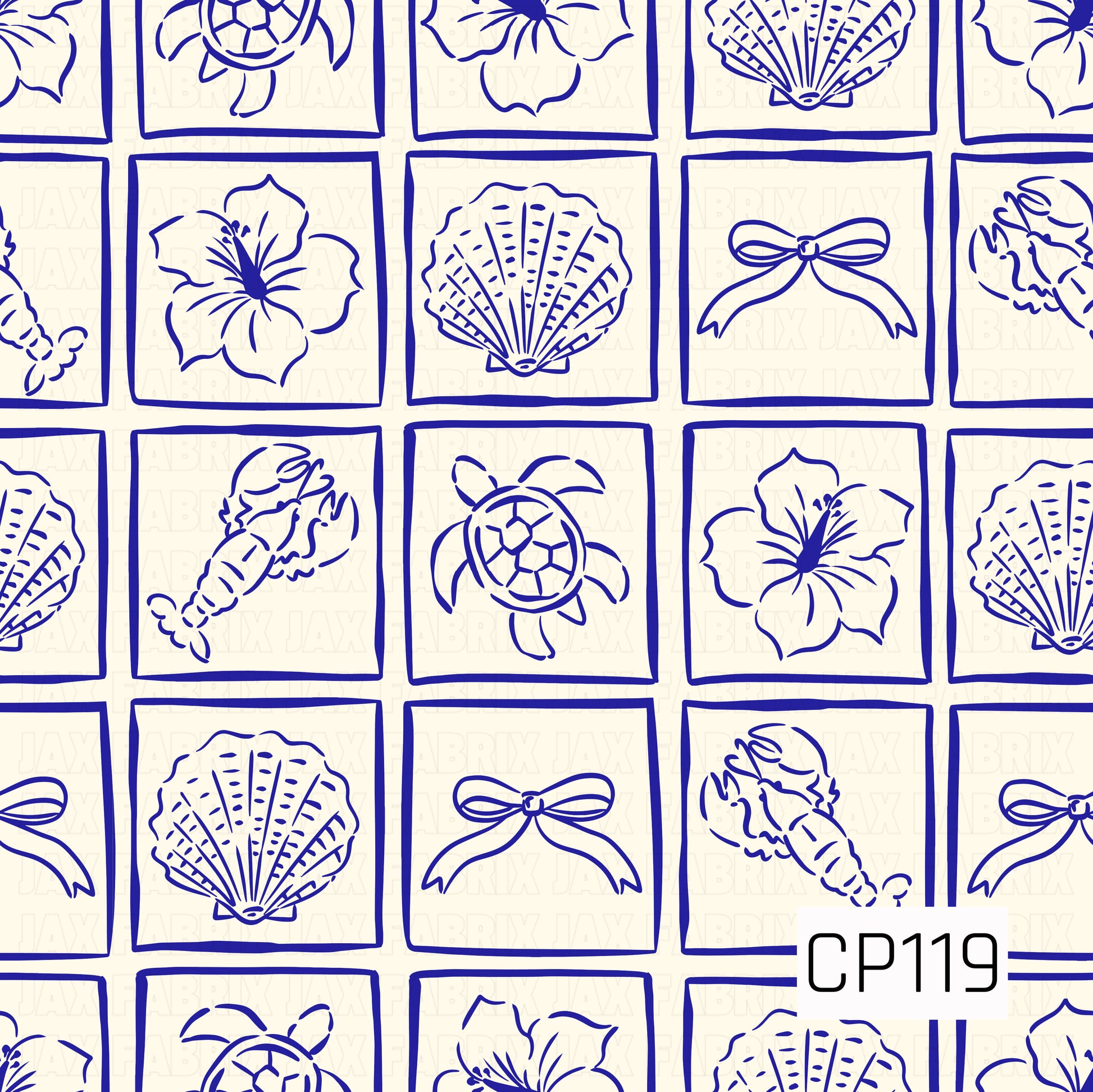 A seamless coastal tile pattern featuring sea turtles, hibiscus flowers, seashells, ribbon bows, and lobsters illustrated in bold royal blue line art. Each motif is framed inside a square grid on a warm cream background, creating a clean, classic seaside design with a nautical feel.
