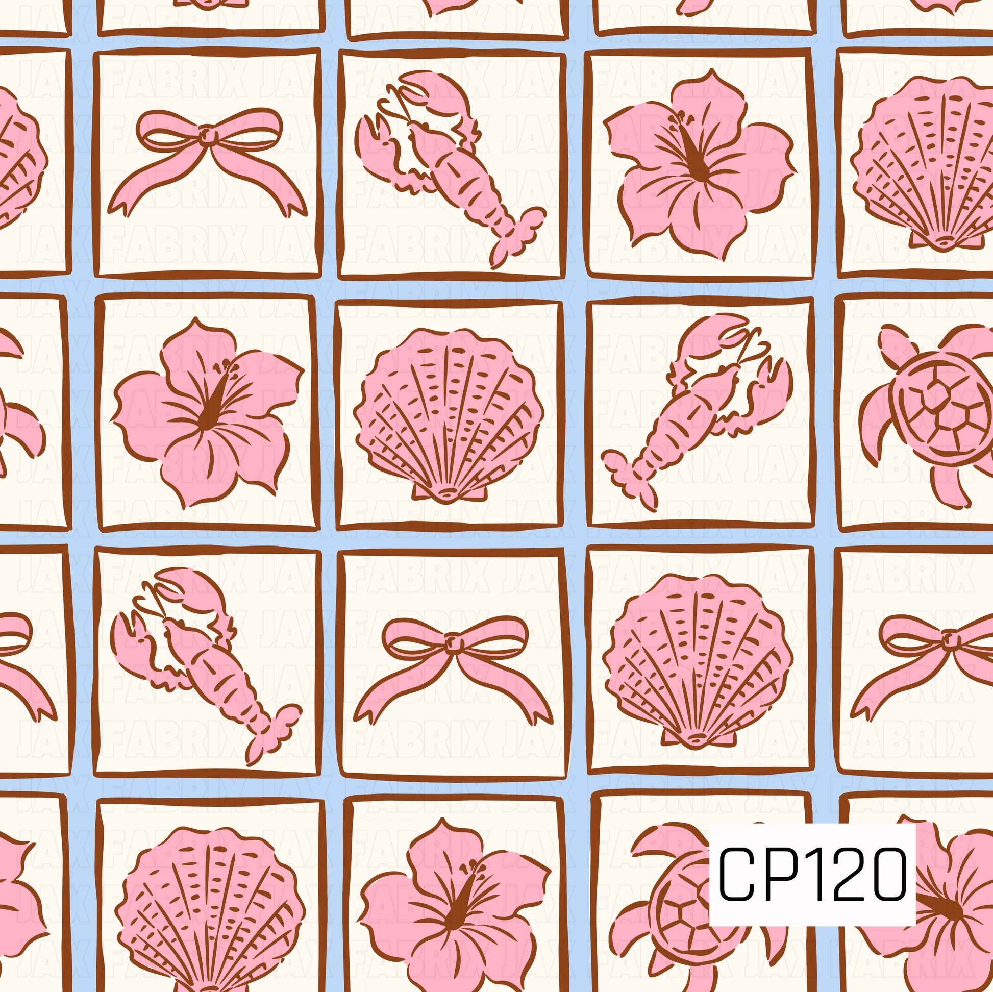 This seamless pattern features a tiled layout of coastal-inspired illustrations inside cream-colored square frames with warm brown borders set against a soft sky blue background. Pink seashells, hibiscus flowers, bows, lobsters, and sea turtles repeat throughout the design, creating a charming seaside aesthetic with a playful, vintage-inspired color palette.
