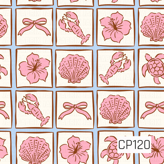 This seamless pattern features a tiled layout of coastal-inspired illustrations inside cream-colored square frames with warm brown borders set against a soft sky blue background. Pink seashells, hibiscus flowers, bows, lobsters, and sea turtles repeat throughout the design, creating a charming seaside aesthetic with a playful, vintage-inspired color palette.
