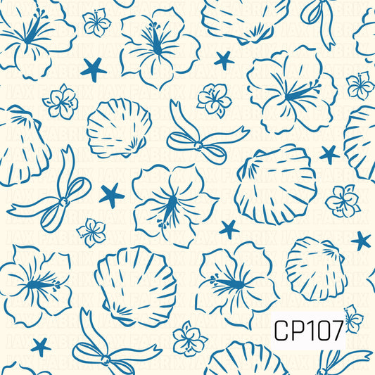 A coastal-inspired pattern featuring blue line art hibiscus flowers, tropical leaves, seashells, delicate blossoms, ribbon bows, and scattered starfish on a soft cream background. The simple monochromatic design has a breezy island aesthetic with clean botanical illustrations.
