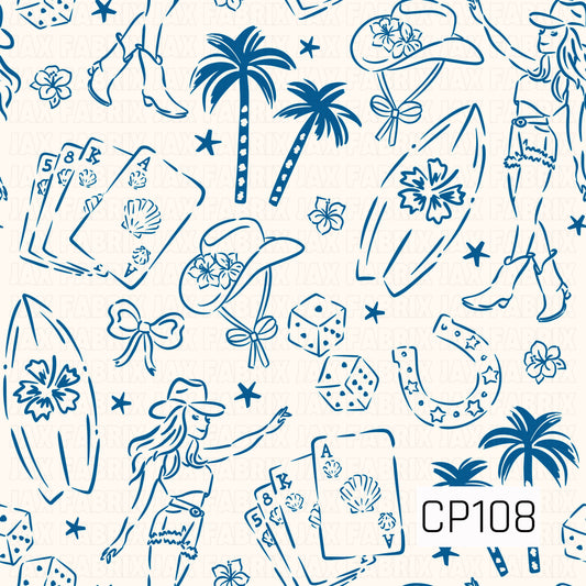 A coastal western line art pattern featuring cowgirl silhouettes, palm trees, surfboards, cowboy hats, lucky horseshoes, dice, playing cards, seashells, tropical flowers, ribbon bows, and scattered stars. The monochromatic blue-on-cream design blends beach and western elements into a clean, illustrated aesthetic.
