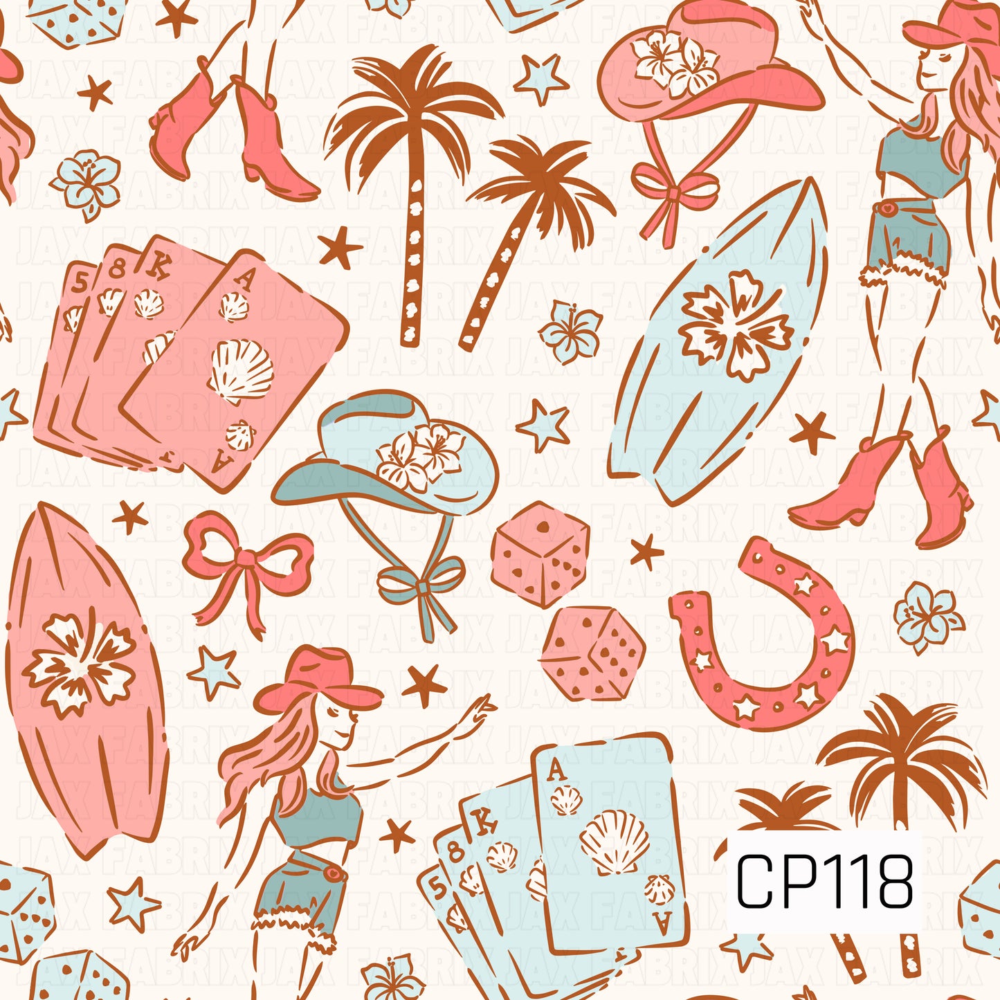 A coastal western pattern featuring cowgirl silhouettes, palm trees, surfboards, cowboy hats, horseshoes, dice, playing cards, seashells, tropical flowers, ribbon bows, and scattered stars in soft coral, sea glass blue, and warm brown tones. The beachy color palette blends western charm with laid-back island vibes.
