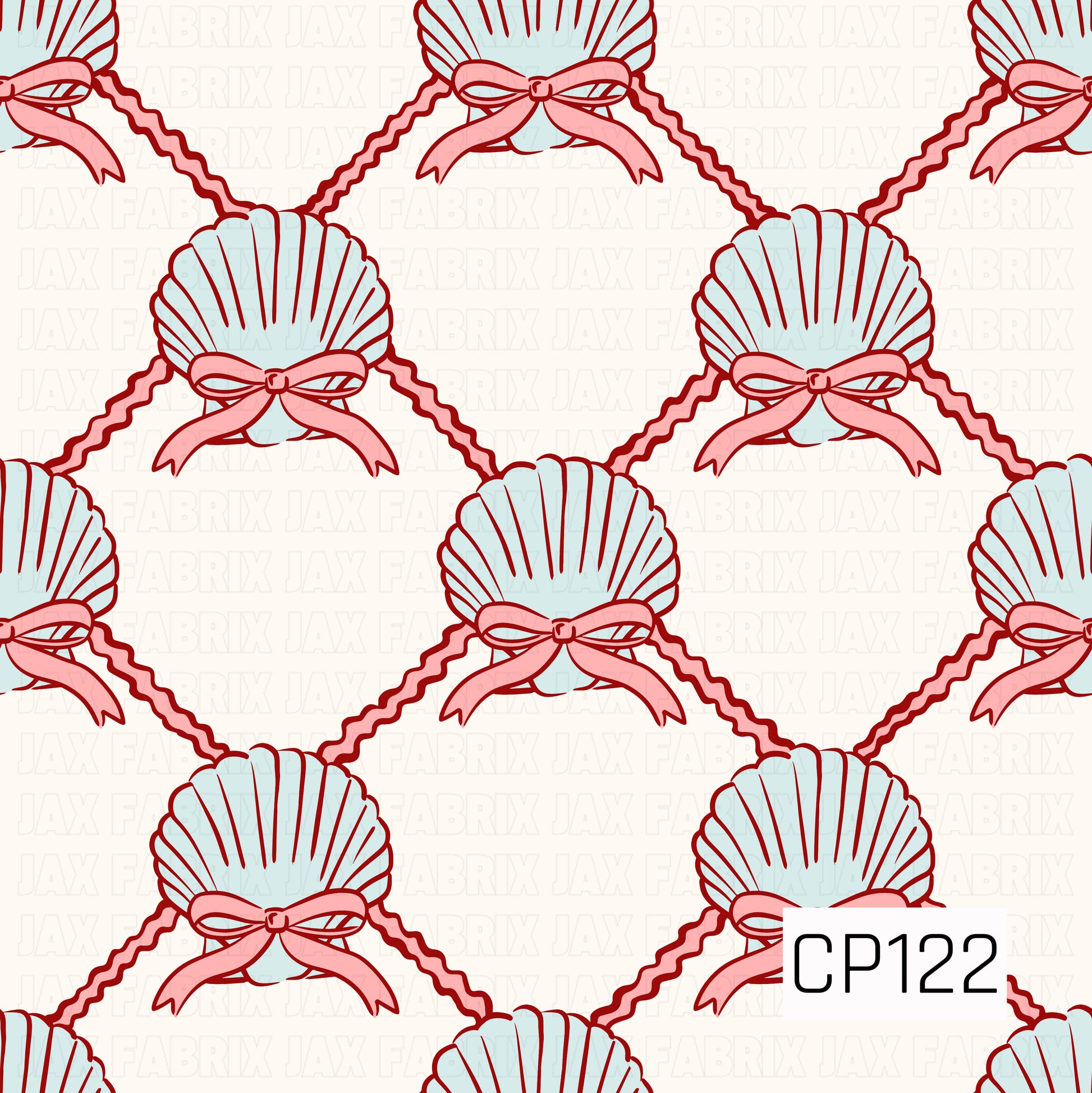 This seamless pattern features light blue seashells adorned with soft pink bows, connected by a deep coral wavy lattice on a warm cream background. The repeating design blends coastal charm with sweet, feminine details in a cheerful nautical-inspired color palette.
