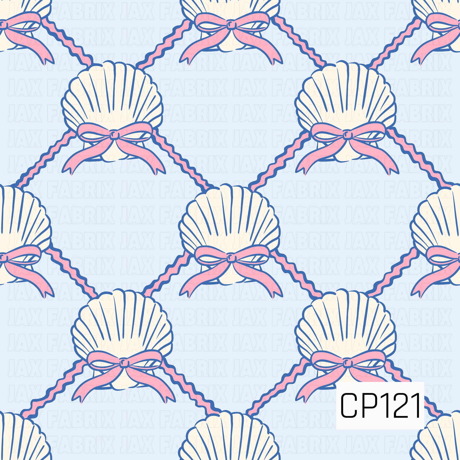 This seamless pattern features cream seashells accented with pink bows, connected by wavy navy lines to create a repeating lattice design on a soft baby blue background. The coastal-inspired pattern combines delicate nautical details with a sweet, preppy color palette for a charming seaside look.
