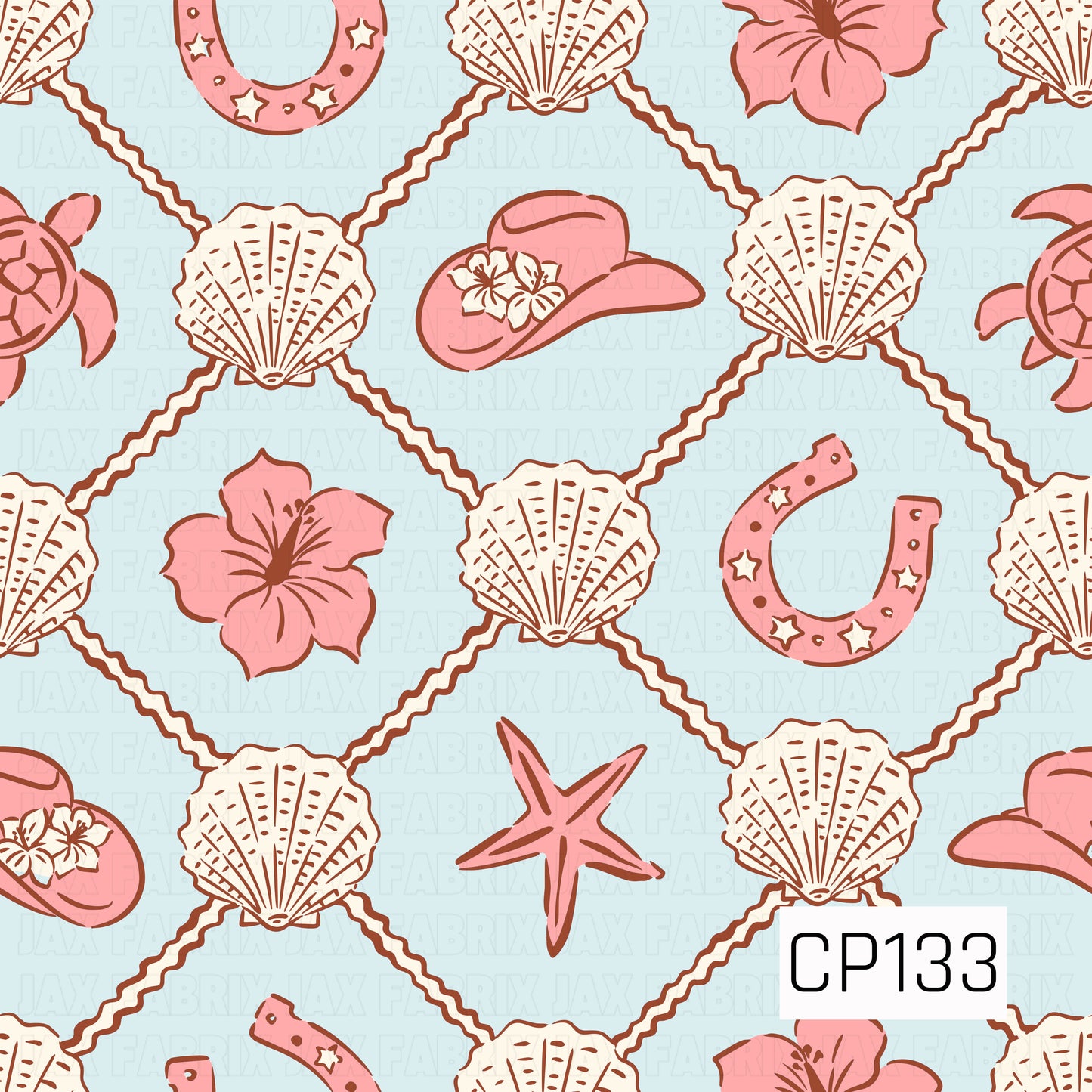 A seamless pattern featuring ivory seashells connected by brown rope in a diamond lattice, accented with pink hibiscus flowers, sea turtles, horseshoes, cowboy hats, and starfish on a soft light blue background. Perfect for coastal western and beach-themed projects.
