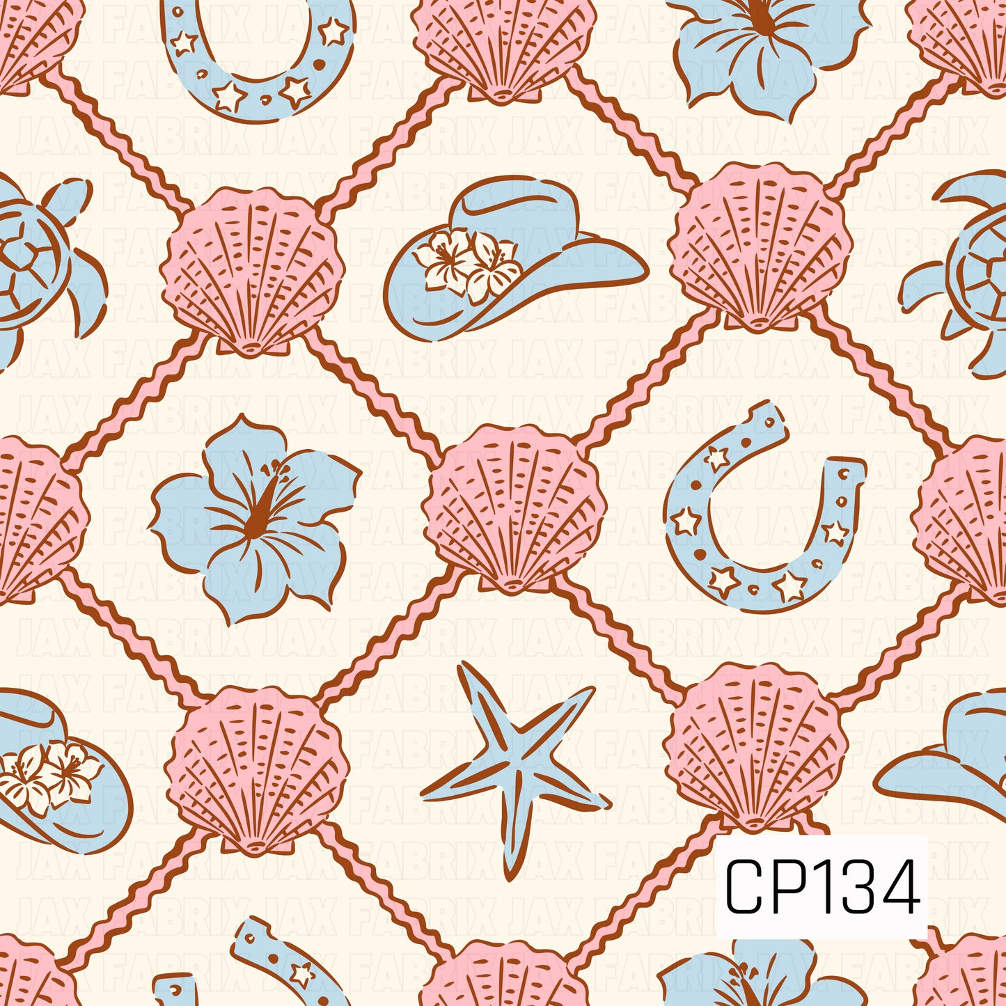 A seamless pattern featuring pink seashells connected by brown rope in a diamond lattice, accented with blue hibiscus flowers, sea turtles, horseshoes, cowboy hats, and starfish on a soft cream background. Perfect for coastal western and beach-themed projects.
