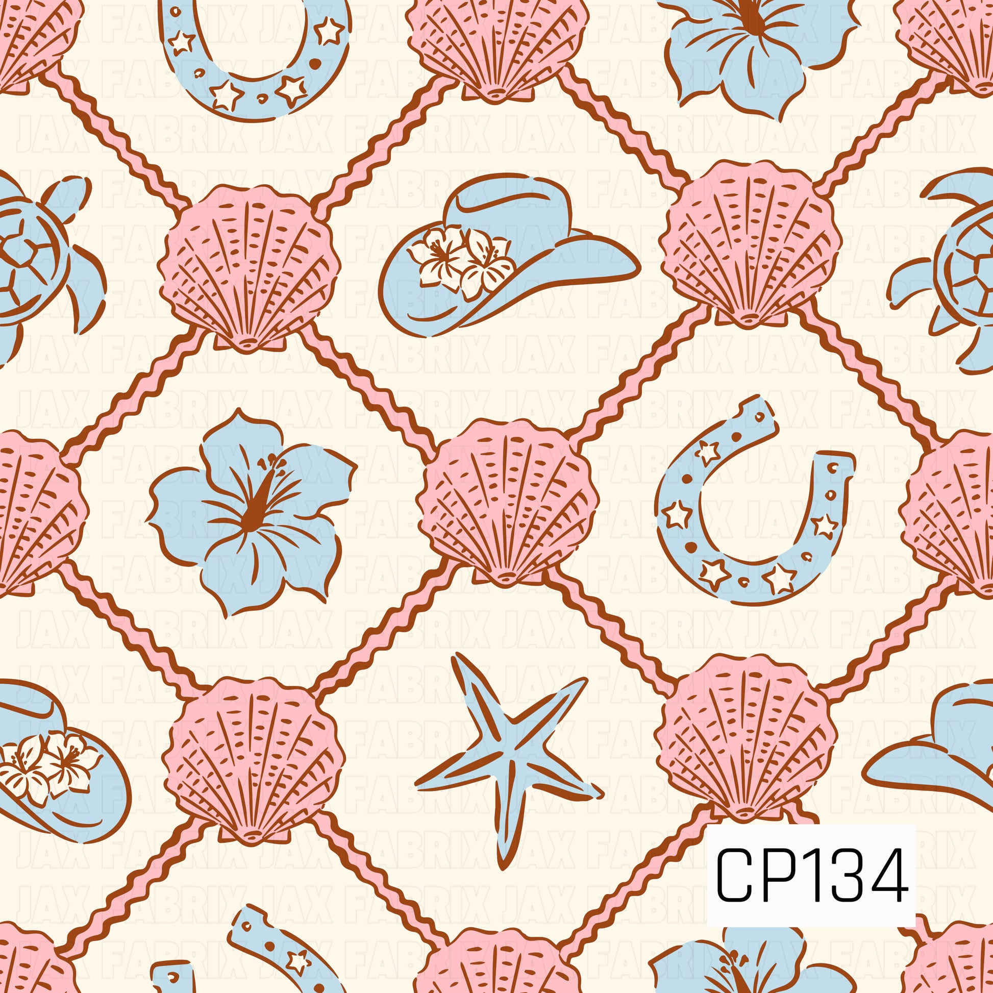 A seamless pattern featuring pink seashells connected by brown rope in a diamond lattice, accented with blue hibiscus flowers, sea turtles, horseshoes, cowboy hats, and starfish on a soft cream background. Perfect for coastal western and beach-themed projects.
