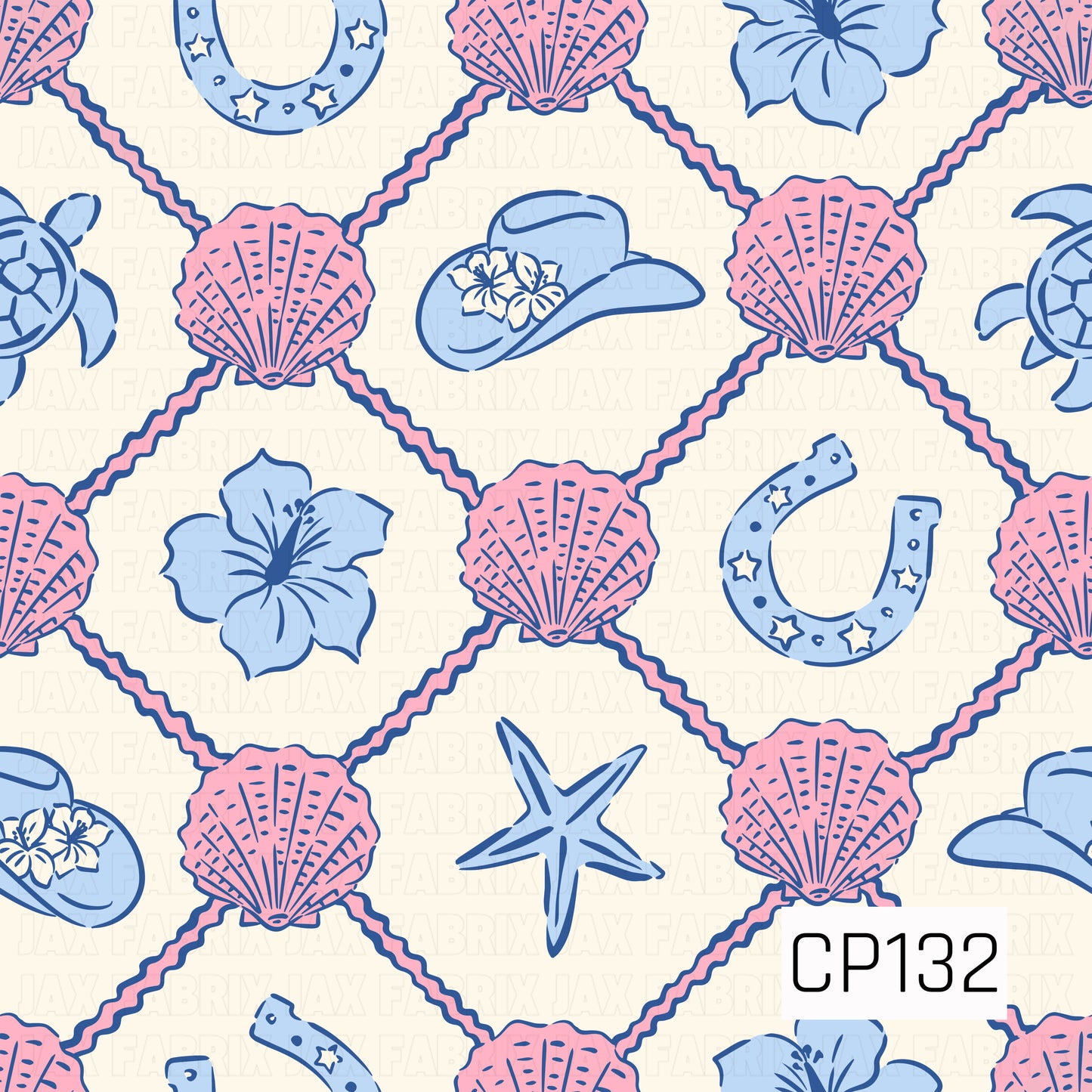 A seamless pattern featuring pink seashells connected by rope in a diamond lattice, accented with blue hibiscus flowers, sea turtles, horseshoes, cowboy hats, and starfish on a soft cream background. Perfect for coastal western and beach-themed projects.
