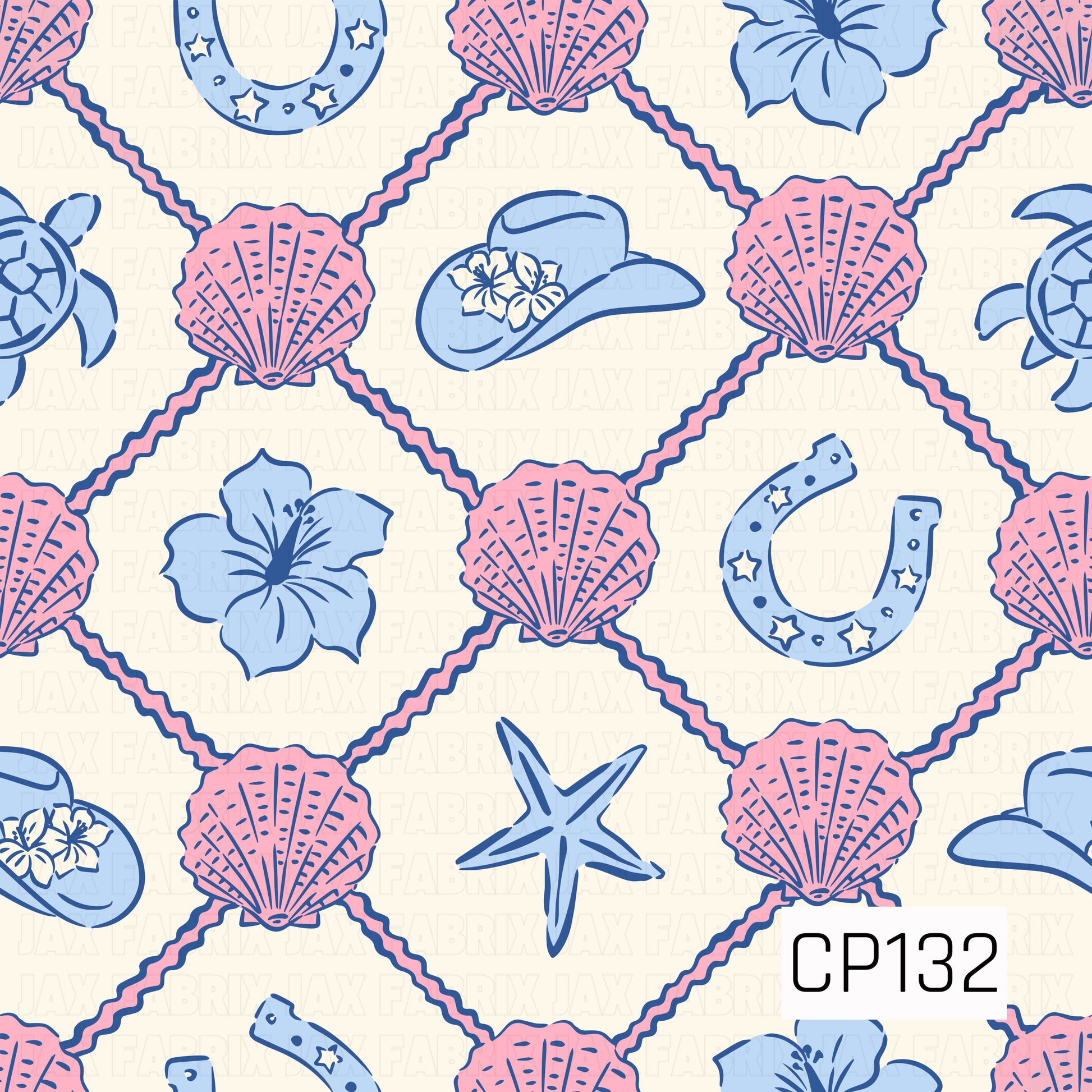 A seamless pattern featuring pink seashells connected by rope in a diamond lattice, accented with blue hibiscus flowers, sea turtles, horseshoes, cowboy hats, and starfish on a soft cream background. Perfect for coastal western and beach-themed projects.
