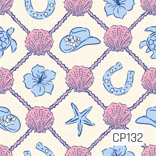 A seamless pattern featuring pink seashells connected by rope in a diamond lattice, accented with blue hibiscus flowers, sea turtles, horseshoes, cowboy hats, and starfish on a soft cream background. Perfect for coastal western and beach-themed projects.
