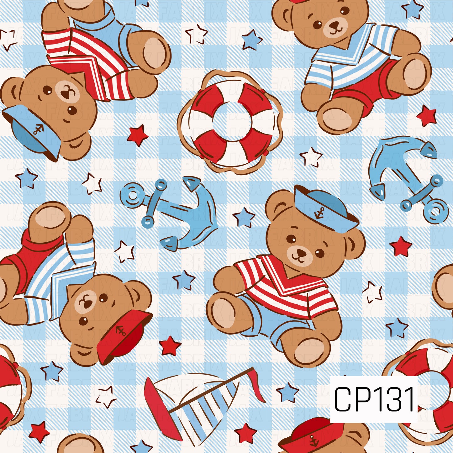 A seamless pattern featuring adorable teddy bears dressed in classic sailor outfits, surrounded by anchors, lifebuoys, sailboats, stars, and nautical accents on a light blue gingham background. Perfect for coastal, nautical, and summer-themed projects.
