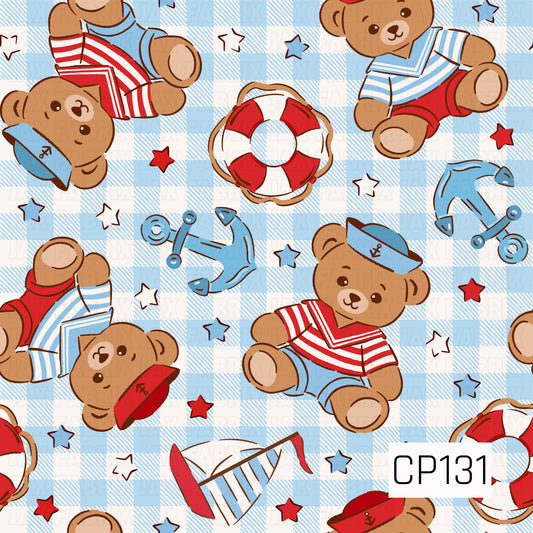 A seamless pattern featuring adorable teddy bears dressed in classic sailor outfits, surrounded by anchors, lifebuoys, sailboats, stars, and nautical accents on a light blue gingham background. Perfect for coastal, nautical, and summer-themed projects.
