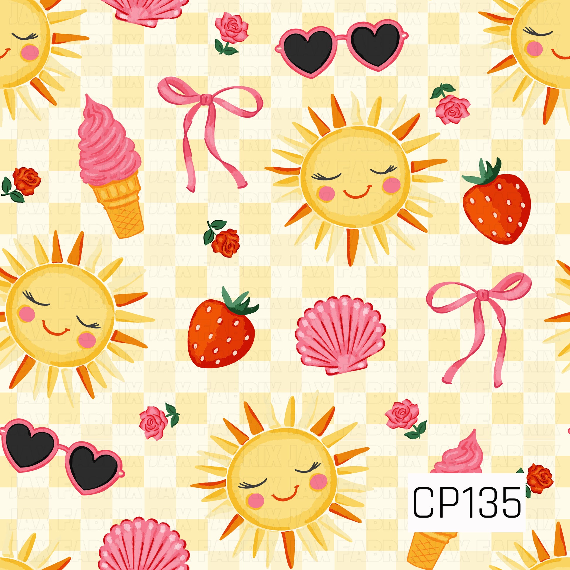 A playful summer pattern featuring smiling suns, strawberries, pink seashells, soft-serve ice cream cones, heart-shaped sunglasses, bows, and delicate roses scattered across a soft yellow gingham background. Warm shades of yellow, pink, red, and orange create a bright, cheerful design perfect for sunny beach days.
