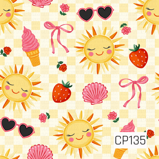 A playful summer pattern featuring smiling suns, strawberries, pink seashells, soft-serve ice cream cones, heart-shaped sunglasses, bows, and delicate roses scattered across a soft yellow gingham background. Warm shades of yellow, pink, red, and orange create a bright, cheerful design perfect for sunny beach days.
