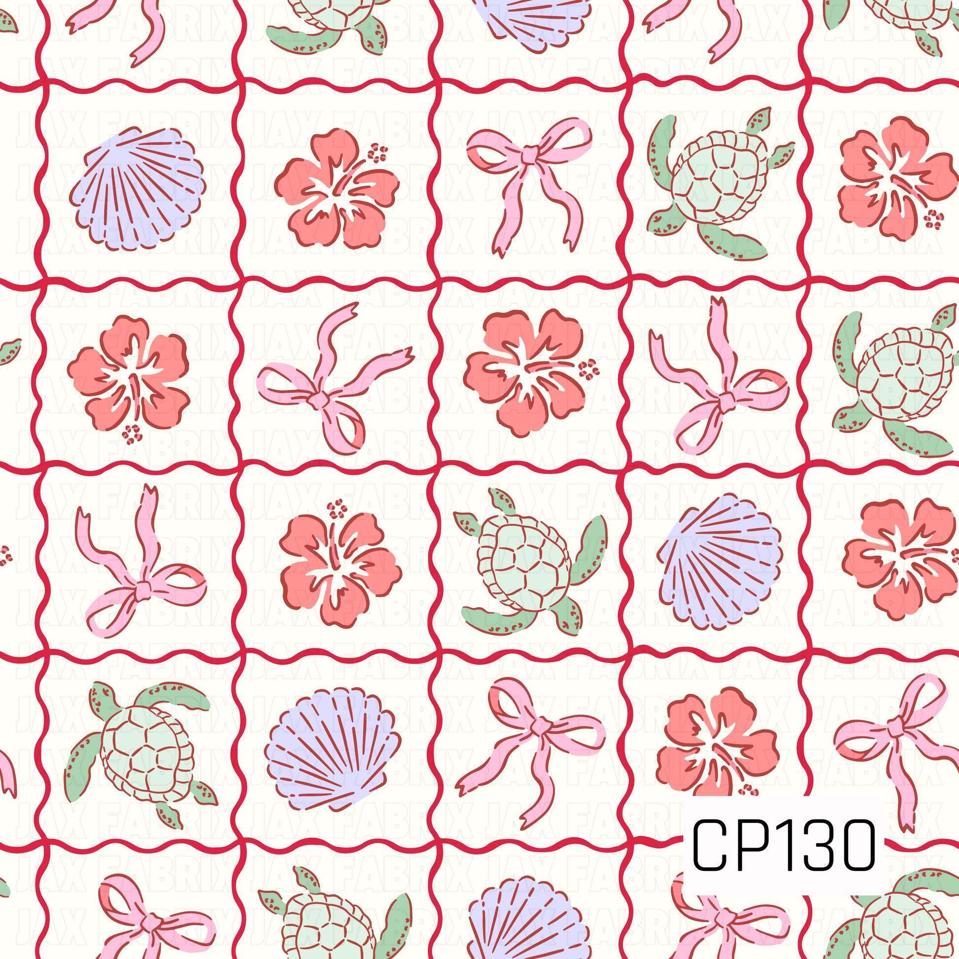 A seamless patchwork pattern featuring sea turtles, hibiscus flowers, seashells, and ribbon bows arranged in wavy red grid squares on a warm cream background. The design combines shades of coral, pink, mint green, and lavender, creating a cheerful coastal pattern with a bright, tropical feel.
