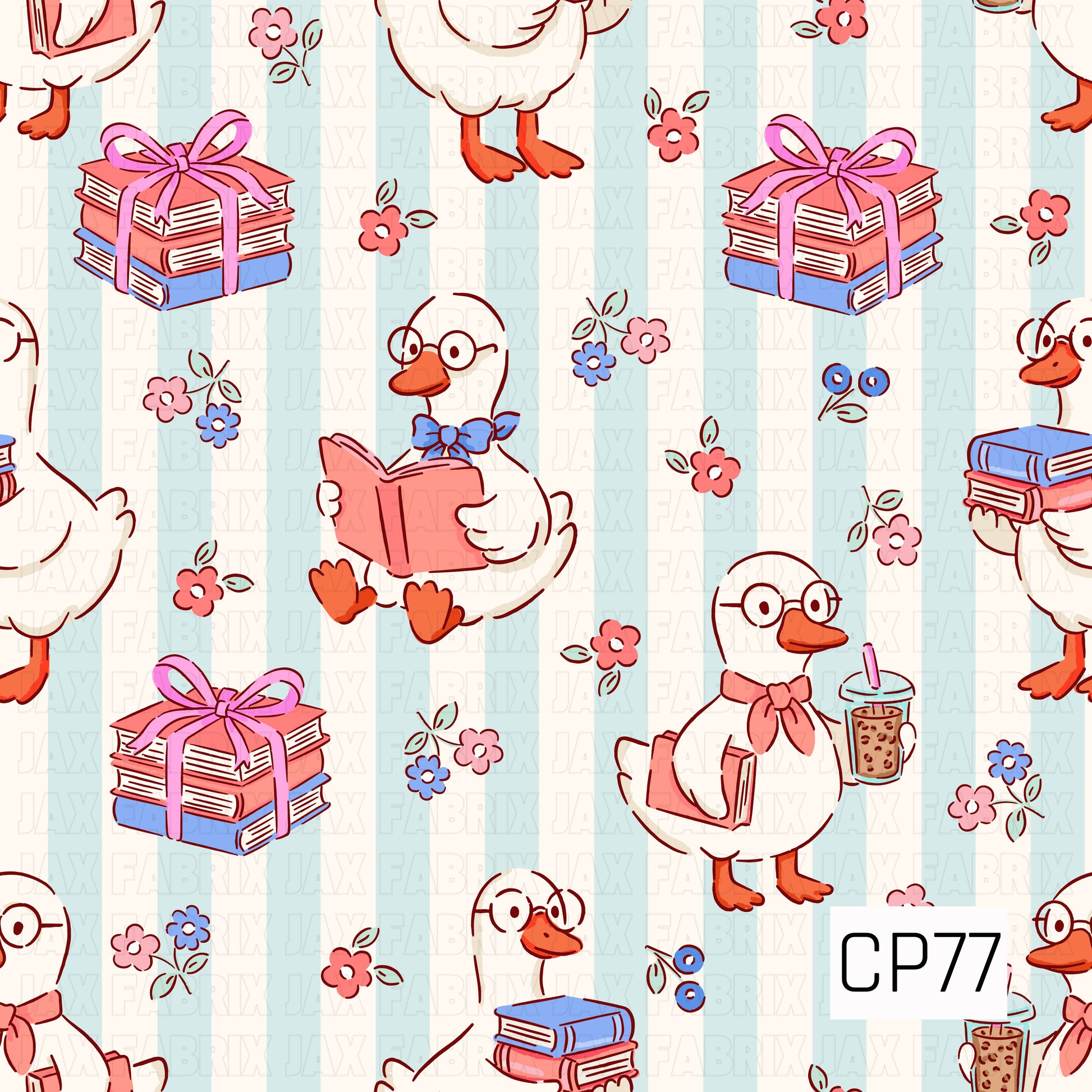 A charming pattern featuring geese dressed with bows, scarves, and glasses while reading books, carrying book stacks, and holding iced coffee. Set on a light blue gingham background with tiny flowers and berries, this playful design has a cozy, back-to-school feel.
