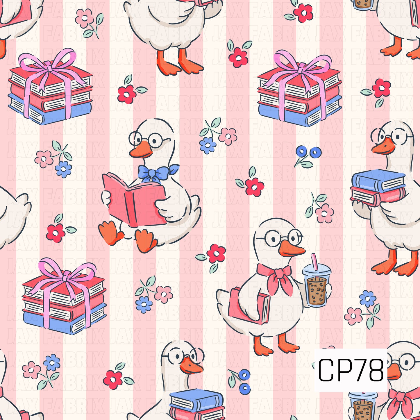 A charming pattern featuring geese dressed with bows, scarves, and glasses while reading books, carrying book stacks, and holding iced coffee. Set on a light pink gingham background with tiny flowers and berries, this playful design has a cozy, back-to-school feel.
