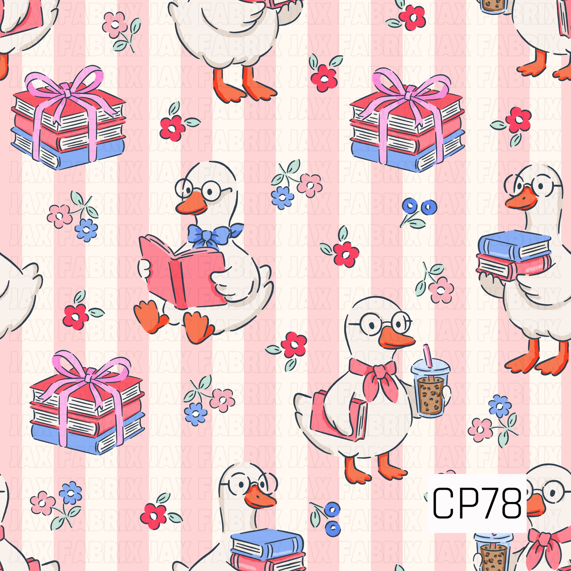 A charming pattern featuring geese dressed with bows, scarves, and glasses while reading books, carrying book stacks, and holding iced coffee. Set on a light pink gingham background with tiny flowers and berries, this playful design has a cozy, back-to-school feel.

