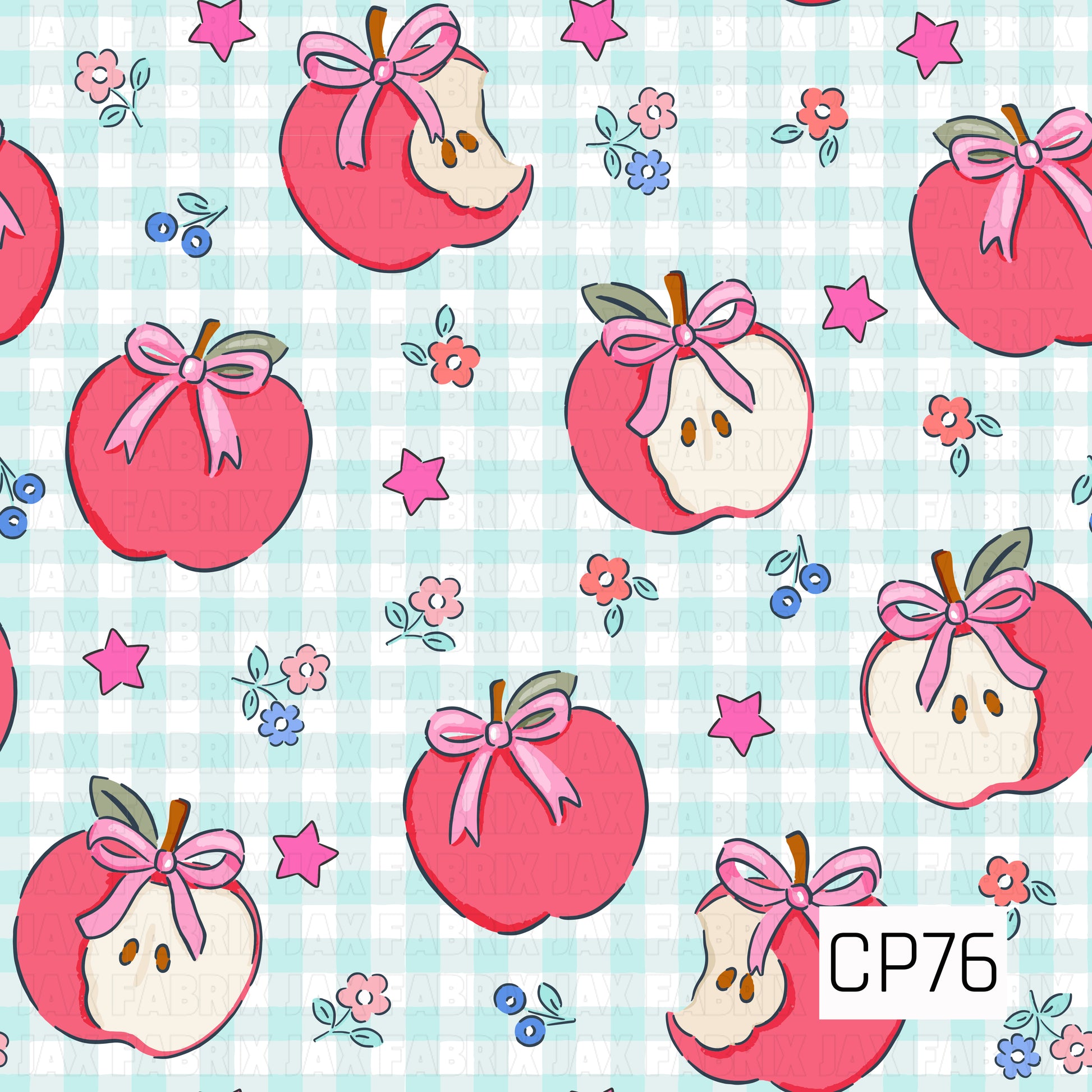 A sweet pattern featuring red apples, apple cores, and bitten apples tied with pink bows, scattered across a light blue gingham background. Tiny flowers, stars, and berries add a playful touch throughout the design.
