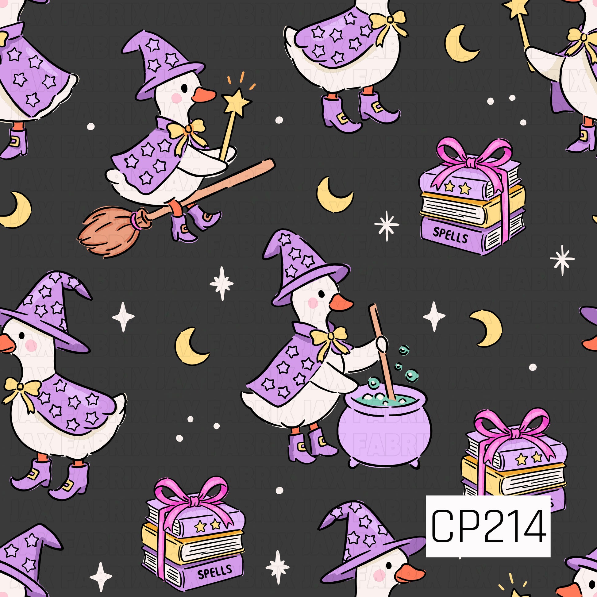 A whimsical Halloween pattern featuring adorable geese dressed as little witches in purple hats, capes, and boots against a black background. The design includes broomsticks, bubbling potion cauldrons, spell books tied with pink bows, crescent moons, twinkling stars, and magic wands, creating a charming and magical Halloween aesthetic.
