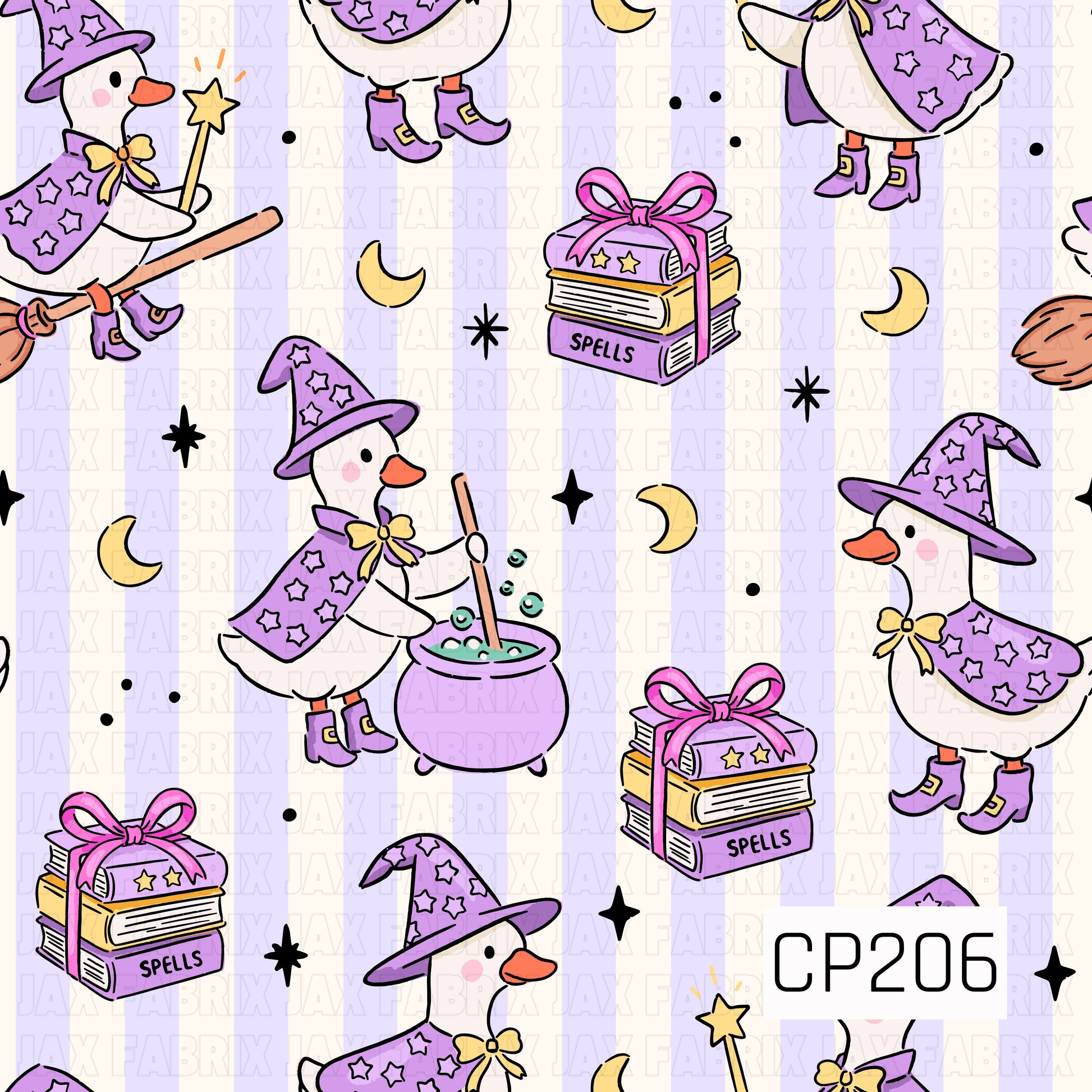 A whimsical Halloween pattern featuring adorable geese dressed as little witches in purple hats, capes, and boots. The design includes bubbling potion cauldrons, spell books tied with bows, magic wands, crescent moons, stars, and broomsticks, all arranged over a soft lavender striped background for a charming cottagecore Halloween feel.
