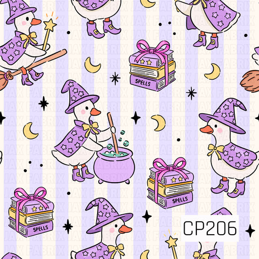 A whimsical Halloween pattern featuring adorable geese dressed as little witches in purple hats, capes, and boots. The design includes bubbling potion cauldrons, spell books tied with bows, magic wands, crescent moons, stars, and broomsticks, all arranged over a soft lavender striped background for a charming cottagecore Halloween feel.
