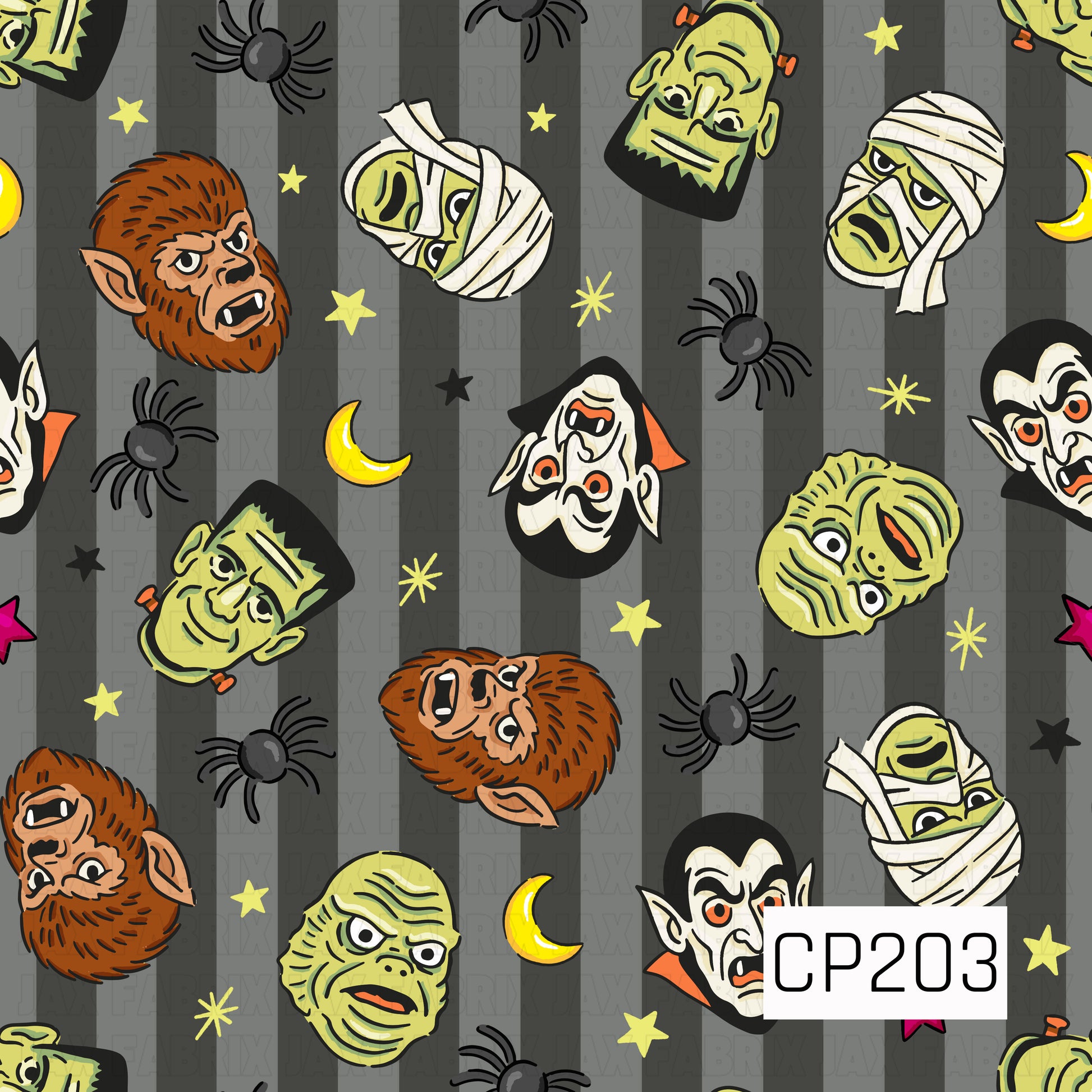 A seamless Halloween pattern featuring retro-inspired monster faces including a vampire, mummy, Frankenstein's monster, werewolf, and swamp creature, scattered with spiders, stars, and crescent moons on a charcoal gray striped background. The vintage-style illustrations use bold shades of green, orange, black, cream, and yellow to create a playful classic horror design with nostalgic Halloween charm.
