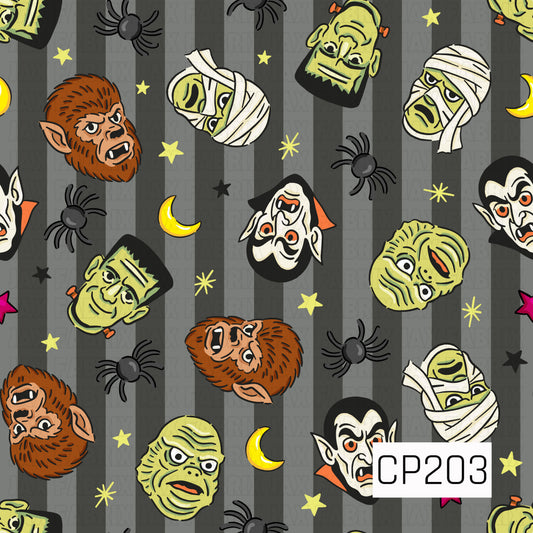 A seamless Halloween pattern featuring retro-inspired monster faces including a vampire, mummy, Frankenstein's monster, werewolf, and swamp creature, scattered with spiders, stars, and crescent moons on a charcoal gray striped background. The vintage-style illustrations use bold shades of green, orange, black, cream, and yellow to create a playful classic horror design with nostalgic Halloween charm.
