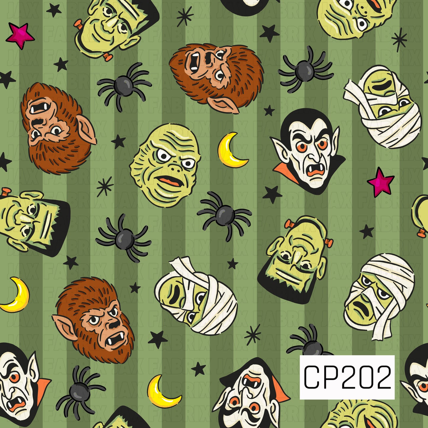 A seamless Halloween pattern featuring retro-inspired monster faces including a vampire, mummy, Frankenstein's monster, werewolf, and swamp creature, scattered with spiders, stars, crescent moons, and bold accents on a vintage olive green striped background. The playful hand-drawn illustrations capture a nostalgic classic horror theme with vibrant pops of orange, black, purple, and lime green.
