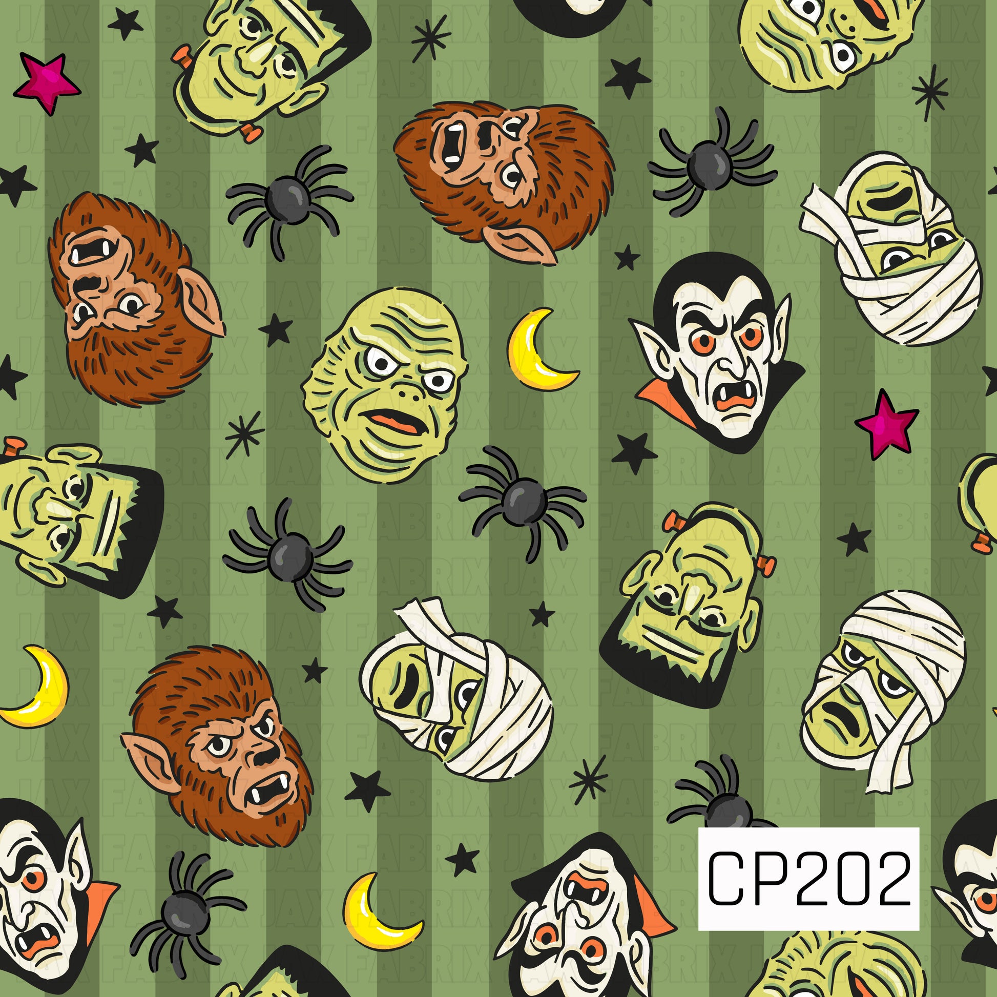 A seamless Halloween pattern featuring retro-inspired monster faces including a vampire, mummy, Frankenstein's monster, werewolf, and swamp creature, scattered with spiders, stars, crescent moons, and bold accents on a vintage olive green striped background. The playful hand-drawn illustrations capture a nostalgic classic horror theme with vibrant pops of orange, black, purple, and lime green.
