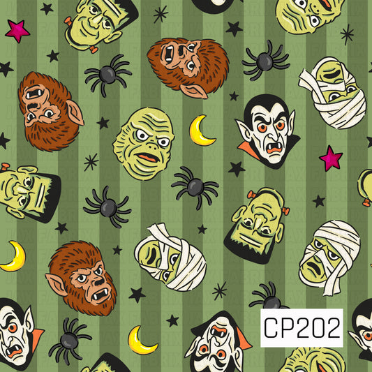 A seamless Halloween pattern featuring retro-inspired monster faces including a vampire, mummy, Frankenstein's monster, werewolf, and swamp creature, scattered with spiders, stars, crescent moons, and bold accents on a vintage olive green striped background. The playful hand-drawn illustrations capture a nostalgic classic horror theme with vibrant pops of orange, black, purple, and lime green.
