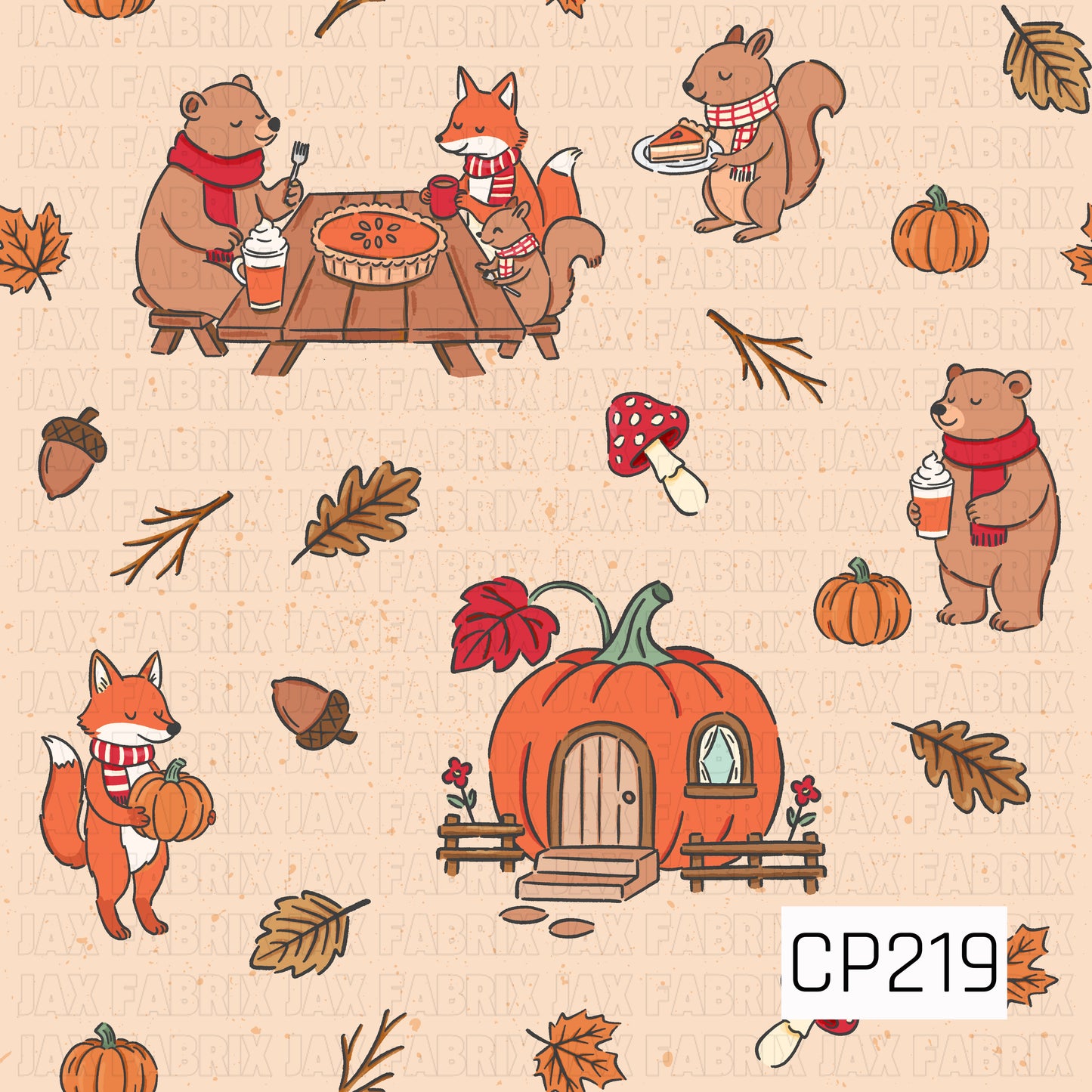 A charming autumn seamless pattern featuring cozy woodland animals enjoying pumpkin pie, warm drinks, and fall treats alongside pumpkins, a whimsical pumpkin cottage, colorful leaves, acorns, mushrooms, and forest details in warm seasonal tones.
