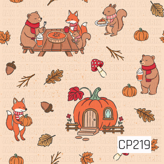 A charming autumn seamless pattern featuring cozy woodland animals enjoying pumpkin pie, warm drinks, and fall treats alongside pumpkins, a whimsical pumpkin cottage, colorful leaves, acorns, mushrooms, and forest details in warm seasonal tones.
