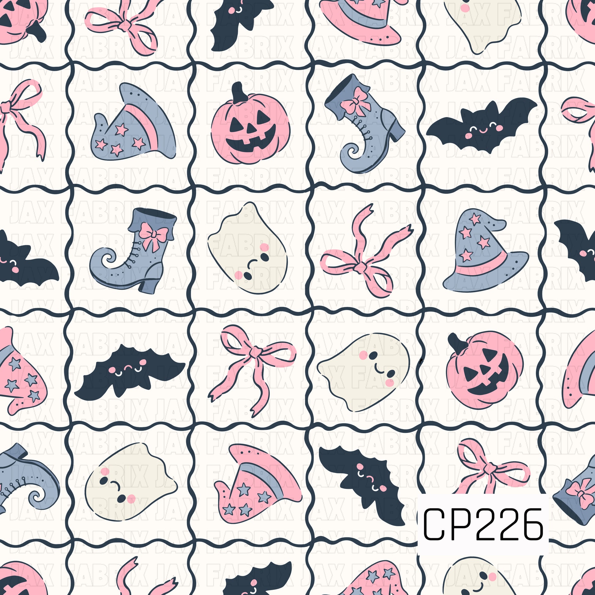 A sweet Halloween patchwork seamless pattern featuring alternating quilt-style squares filled with smiling ghosts, pumpkins, witch hats, witch boots, bows, and adorable bats in soft pink, gray, and black on a crisp white background.
