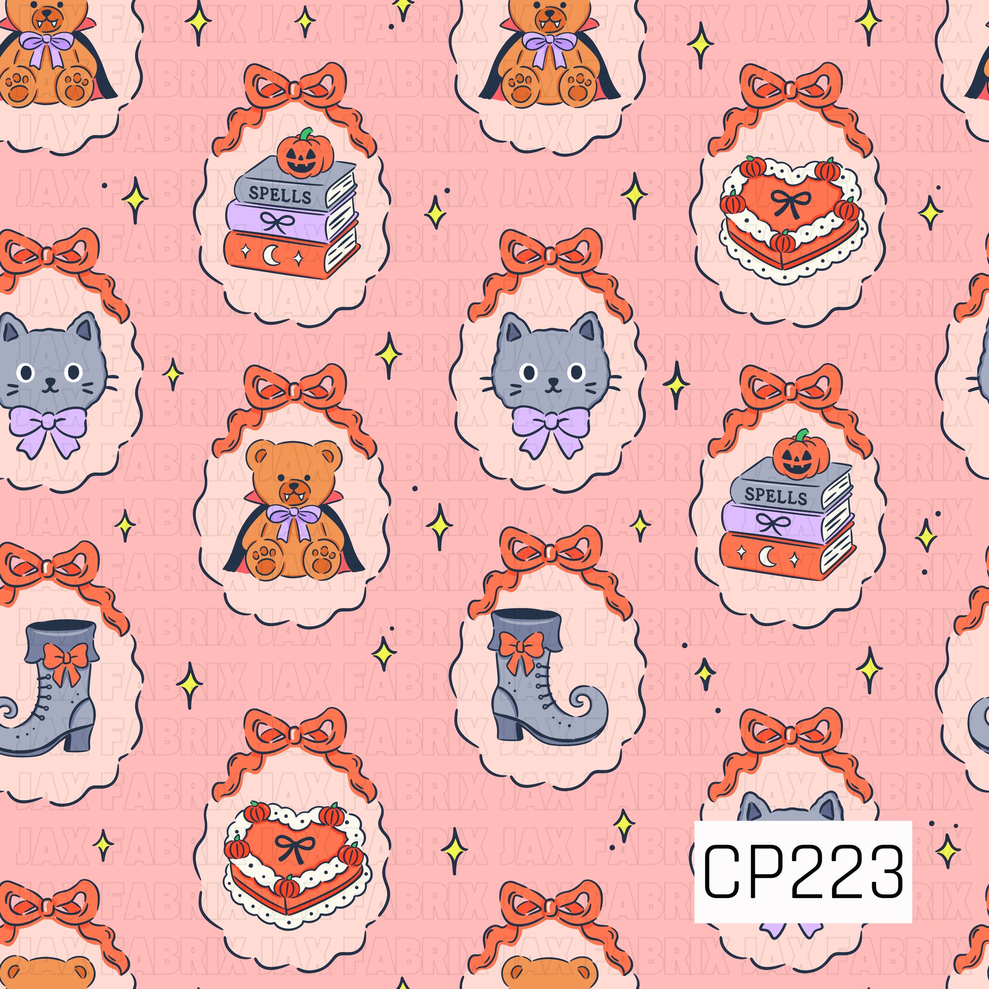 A sweet Halloween seamless pattern featuring vintage-inspired framed illustrations of teddy bears, black cats, spell books, witch boots, and festive cakes tied with bows, accented by sparkling stars on a soft pink background.
