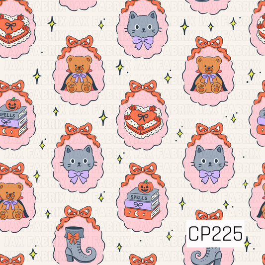 A vintage-inspired Halloween seamless pattern featuring framed teddy bears, black cats, spell books, witch boots, and festive heart-shaped cakes adorned with bows, accented by twinkling stars on a crisp white background.
