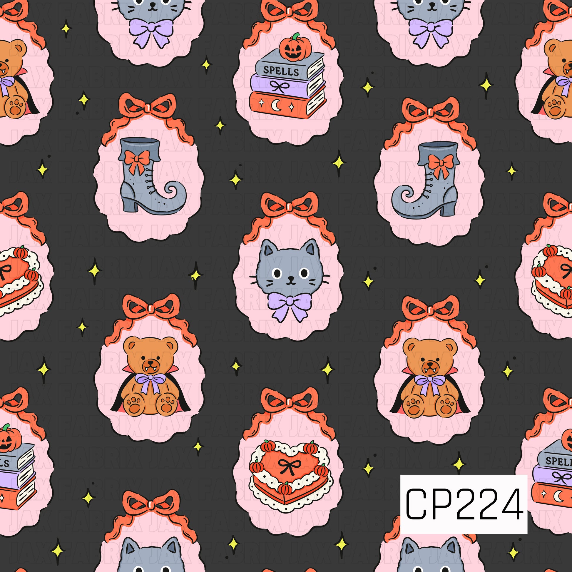 A vintage-inspired Halloween seamless pattern featuring framed teddy bears, black cats, witch boots, spell books, and festive heart-shaped cakes tied with bows, scattered across a charcoal background with twinkling stars for a charming spooky aesthetic.
