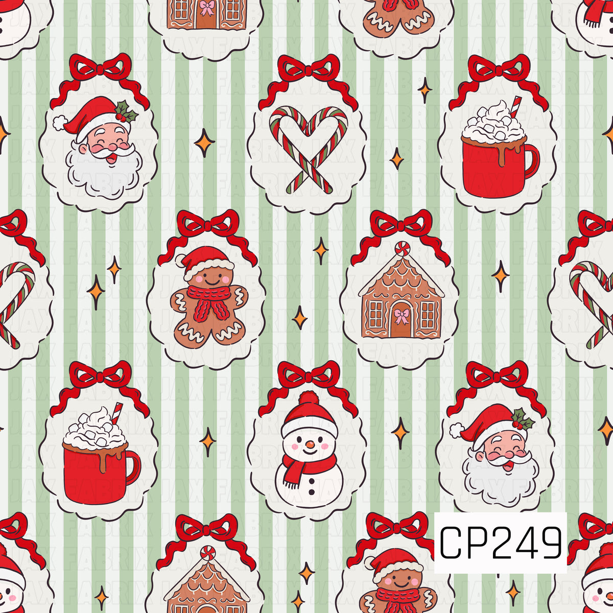 A cheerful Christmas design featuring scalloped ornament-style frames tied with bright red bows and filled with classic holiday icons including Santa, a snowman, gingerbread cookies, a gingerbread house, candy canes, and hot cocoa. Set against a soft sage green and white striped background with tiny sparkling accents.