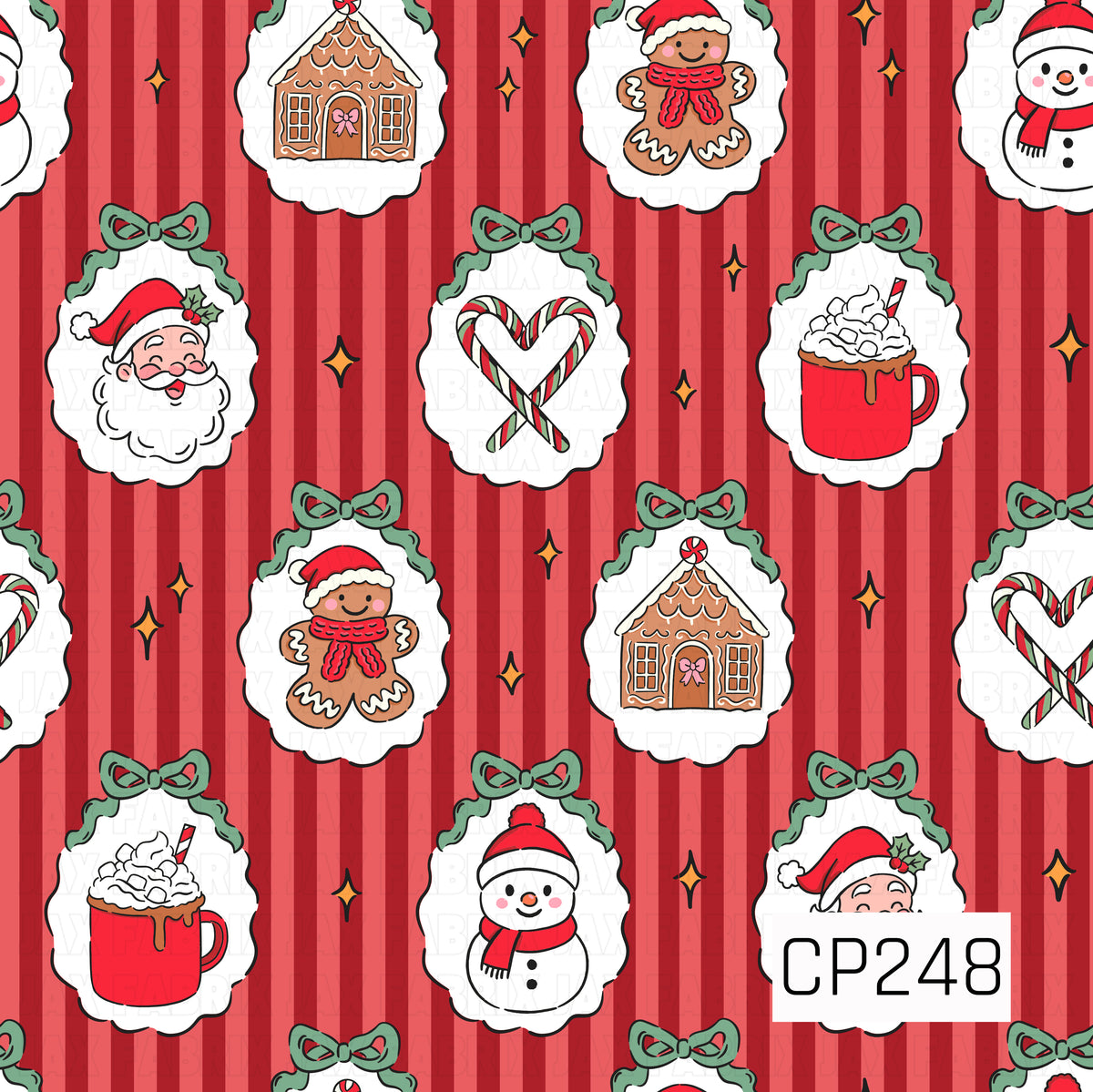 A festive Christmas design featuring scalloped ornament-style frames tied with green bows, each filled with classic holiday favorites like Santa, a snowman, gingerbread house, gingerbread cookie, candy canes, and a cozy mug of cocoa. Set against a cheerful red striped background with tiny sparkling accents.