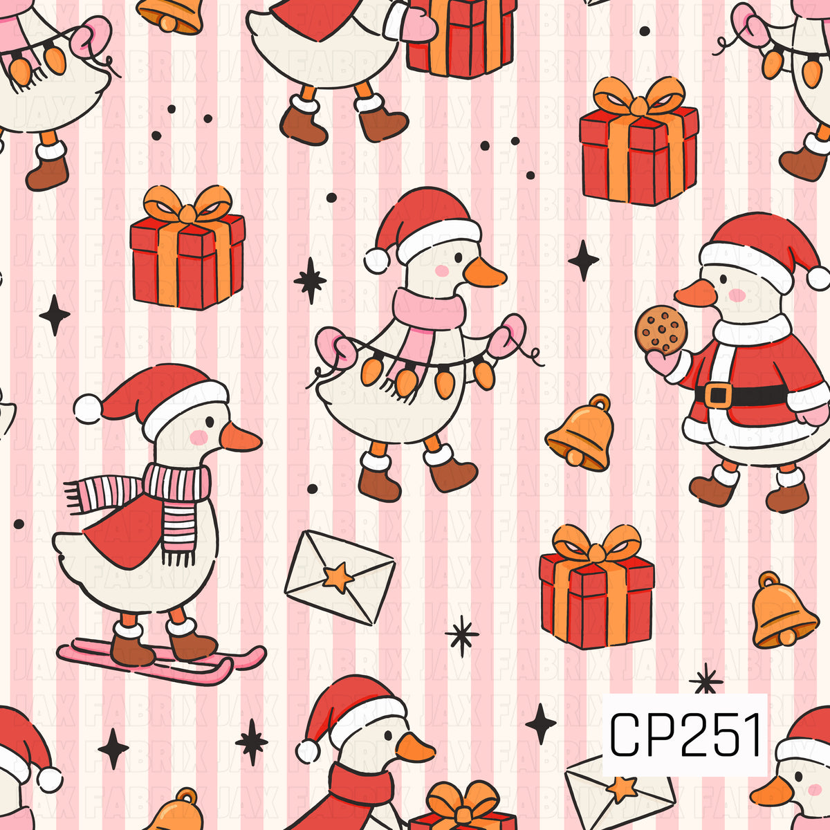 A playful Christmas goose design featuring festive geese dressed in Santa hats, cozy scarves, and holiday outfits. Wrapped gifts, golden bells, envelopes, cookies, and whimsical star accents are scattered throughout on a soft pink and cream striped background.