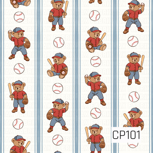 A seamless pattern featuring adorable teddy bears dressed in classic baseball uniforms, shown pitching, batting, and holding baseball gear. Scattered baseballs and soft blue vertical stripes on a white background create a timeless, vintage-inspired baseball design.
