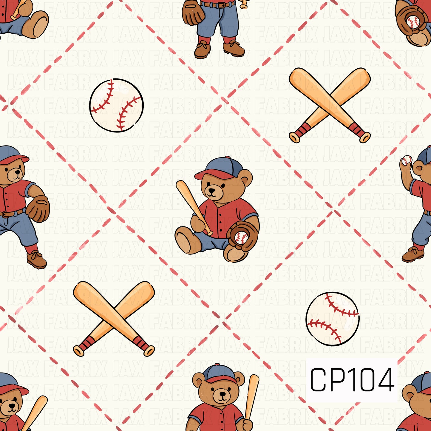 A sweet baseball-themed pattern featuring adorable teddy bears dressed in red and blue baseball uniforms, paired with baseballs, crossed bats, and a stitched diamond lattice background. Set on a soft cream backdrop, this playful sports design has a classic, vintage-inspired look that's perfect for baseball fans, little sluggers, and game day projects.
