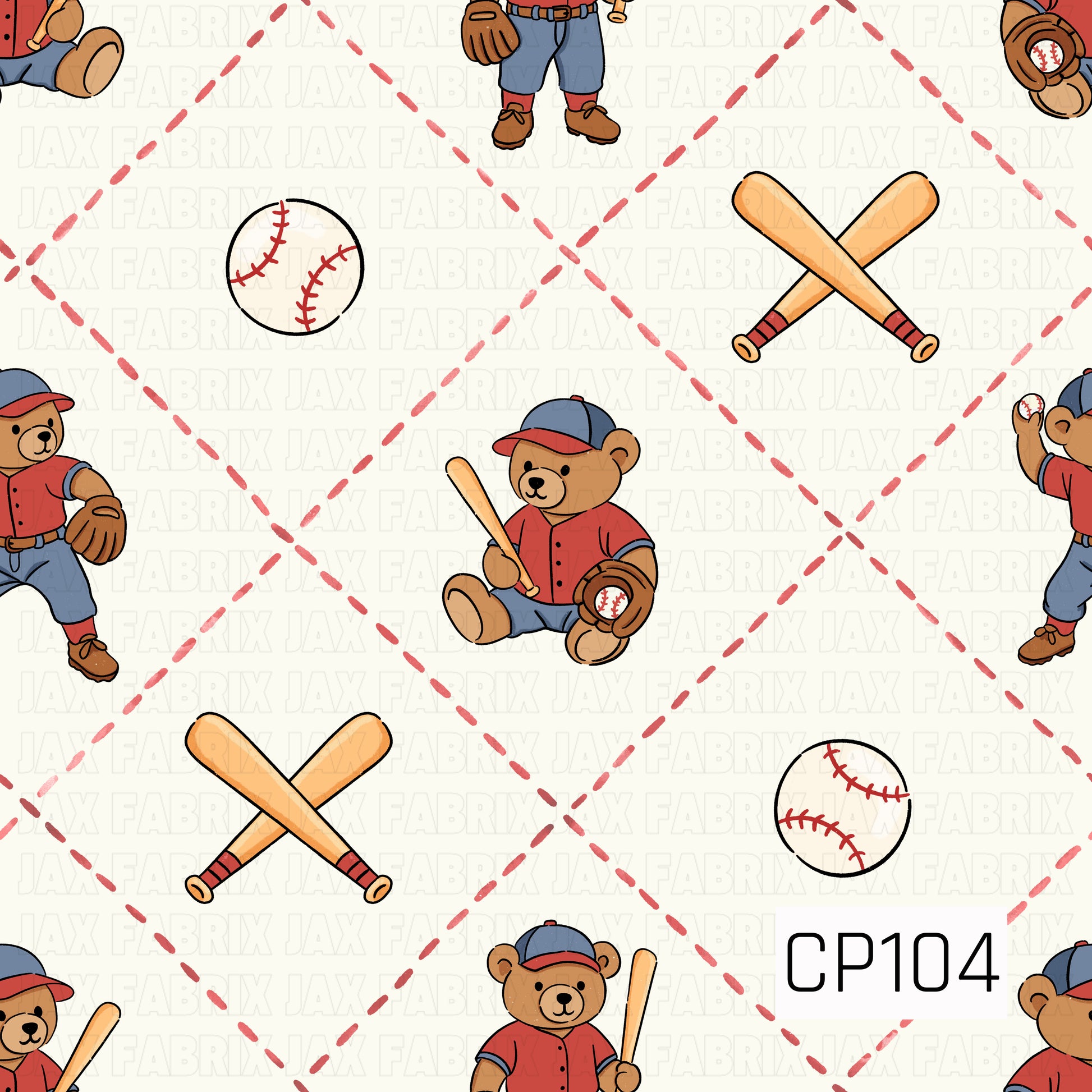 A sweet baseball-themed pattern featuring adorable teddy bears dressed in red and blue baseball uniforms, paired with baseballs, crossed bats, and a stitched diamond lattice background. Set on a soft cream backdrop, this playful sports design has a classic, vintage-inspired look that's perfect for baseball fans, little sluggers, and game day projects.
