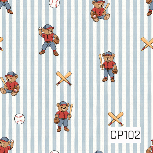 A seamless pattern featuring adorable teddy bears dressed in classic baseball uniforms, shown batting, pitching, and holding baseball gear. The design is accented with baseballs, crossed bats, and soft blue pinstripes on a white background for a timeless, vintage-inspired baseball look.
