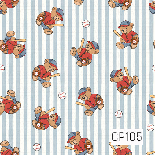 A charming baseball-themed pattern featuring adorable teddy bears dressed in classic red and blue uniforms, holding bats and baseballs, scattered across a soft blue and white pinstripe background. Small baseball accents add to the playful design, creating a sweet vintage-inspired print that's perfect for little sluggers, baseball fans, and game day projects.

