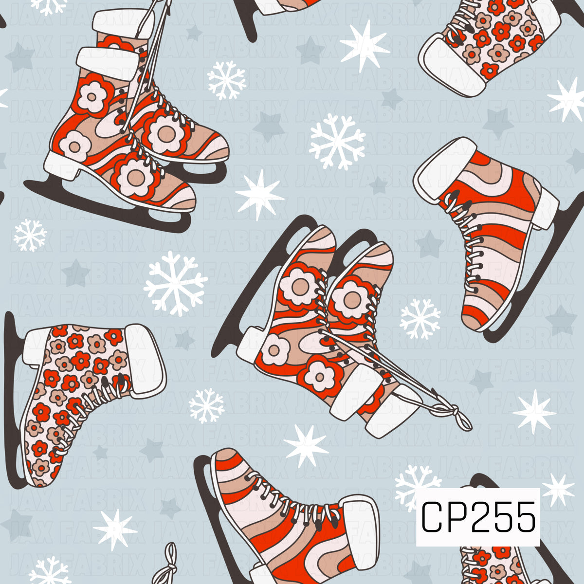 A retro winter ice skating pattern featuring bold red, blush, and cream skates decorated with groovy stripes and floral details. White snowflakes and starbursts are scattered across a soft icy blue background for a fun vintage-inspired winter look.