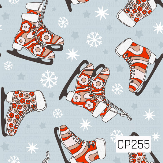 A retro winter ice skating pattern featuring bold red, blush, and cream skates decorated with groovy stripes and floral details. White snowflakes and starbursts are scattered across a soft icy blue background for a fun vintage-inspired winter look.