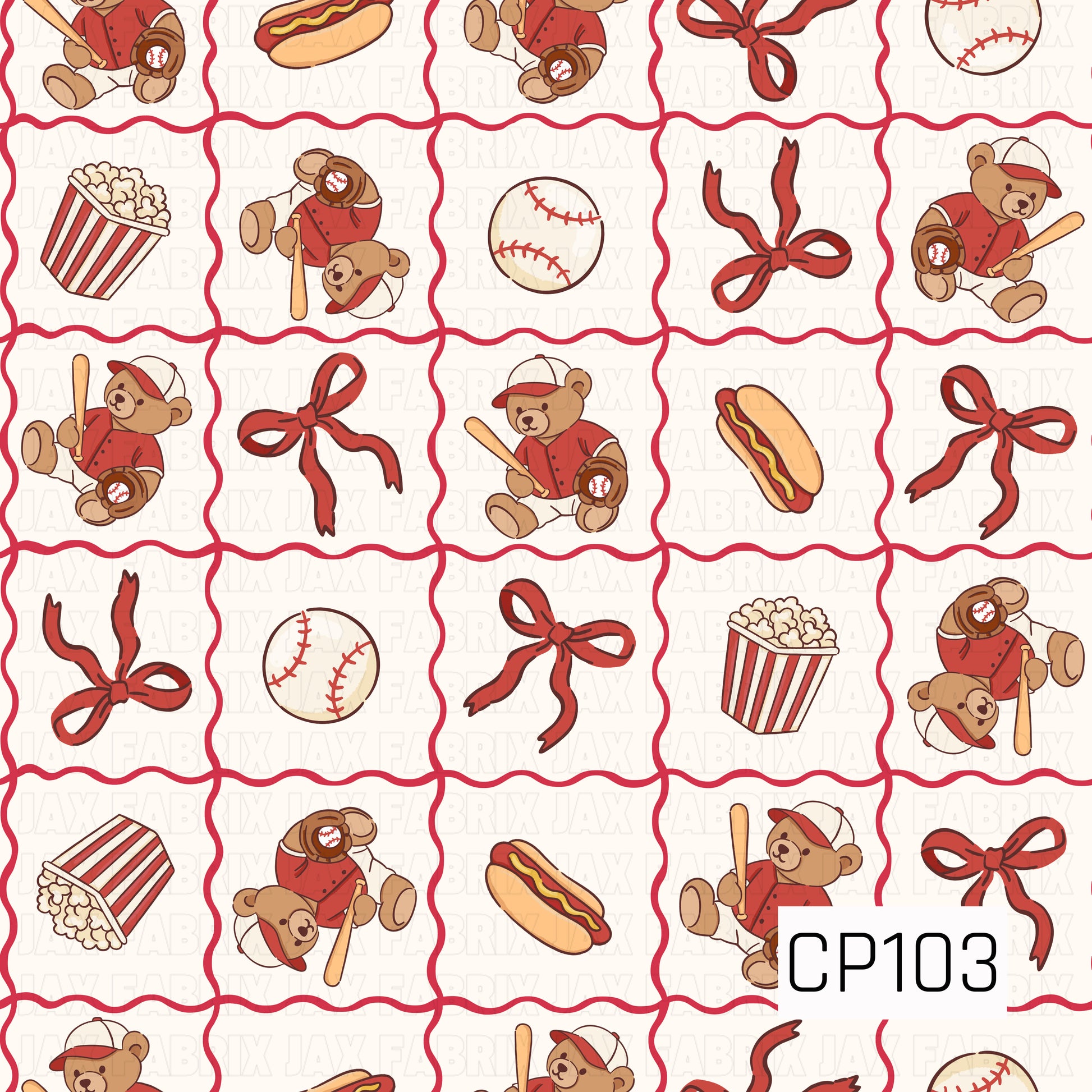 A seamless patchwork-style pattern featuring teddy bears dressed in classic baseball uniforms, paired with baseballs, red bows, hot dogs, popcorn, and baseball caps. Each icon is framed inside a red wavy quilt block on a white background, creating a sweet, vintage-inspired baseball design.
