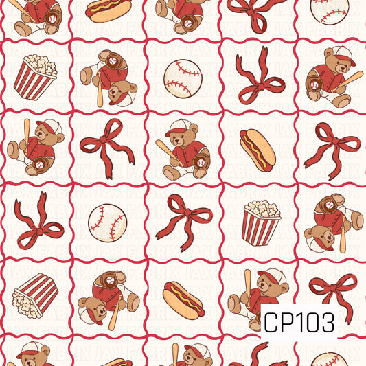A seamless patchwork-style pattern featuring teddy bears dressed in classic baseball uniforms, paired with baseballs, red bows, hot dogs, popcorn, and baseball caps. Each icon is framed inside a red wavy quilt block on a white background, creating a sweet, vintage-inspired baseball design.
