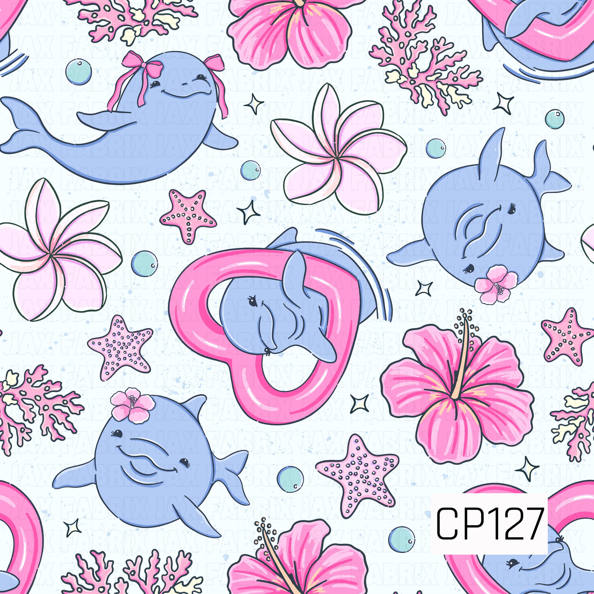 A seamless pattern featuring cute blue dolphins, pink heart floats, hibiscus flowers, starfish, coral, and bubbles on a soft white speckled background. Perfect for tropical and beach-themed projects.
